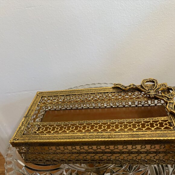 Vintage Ornate Brass Tissue Box w/ Bow Top – 10” x 5” - Picture 2 of 7